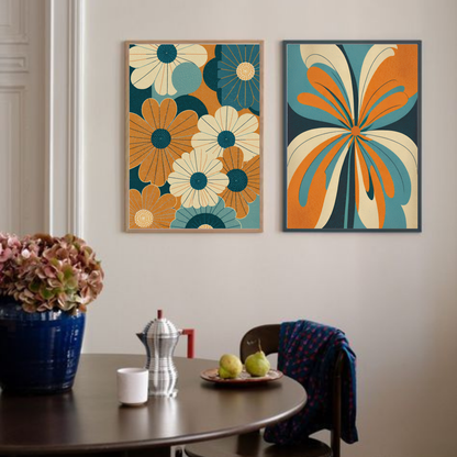 Abstract Flowers Blue&Orange #2 and #3 - Duo Set 30x40cm/50x70cm