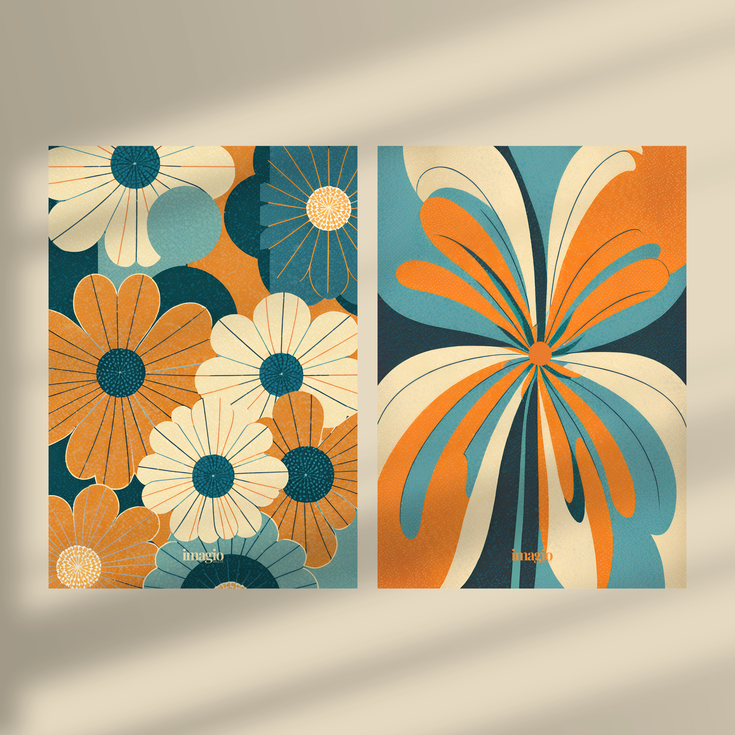 Abstract Flowers Blue&Orange #2 and #3 - Duo Set 30x40cm/50x70cm