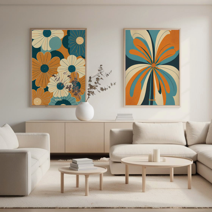 Abstract Flowers Blue&Orange #2 and #3 - Duo Set 30x40cm/50x70cm