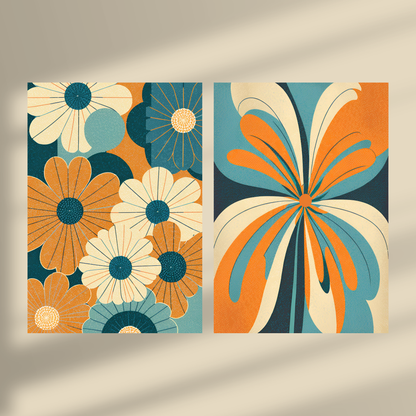 Abstract Flowers Blue&Orange #2 and #3 - Duo Set 30x40cm/50x70cm